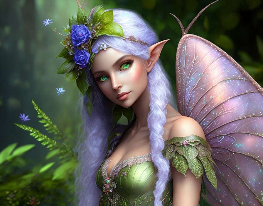 Fantasy elf with violet hair and iridescent wings in mystic forest