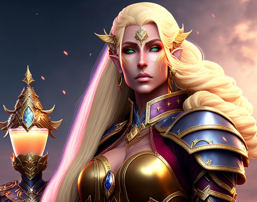 Elven warrior digital illustration with blue eyes and golden armor