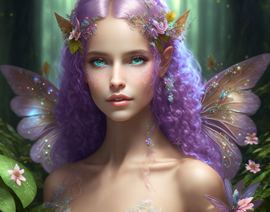 Fantastical female figure with purple hair and butterfly wings in lush green setting