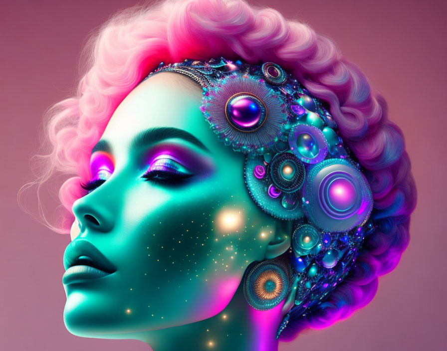 Digital Art: Woman with Mechanical Headpiece, Pink Hair, Blue Skin & Cosmic Motifs