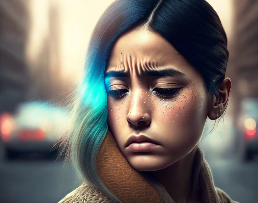 Digital artwork: young woman with solemn expression, blue streak in hair, and unique facial markings against urban