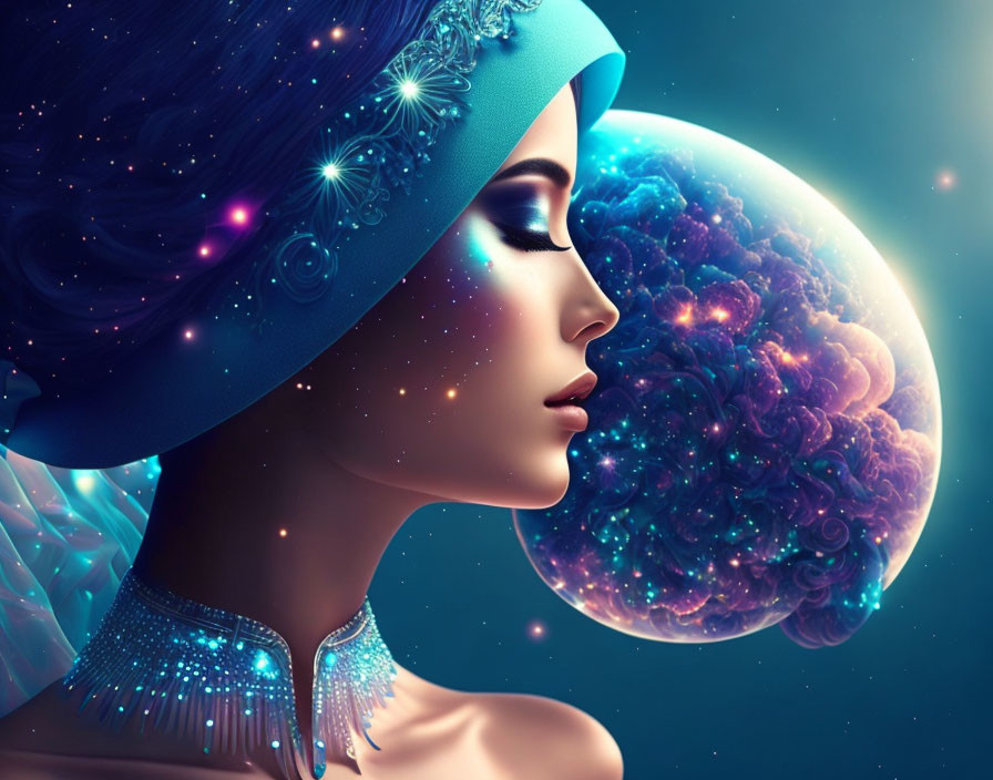 Surreal cosmic woman with blue headpiece and brain-like planet