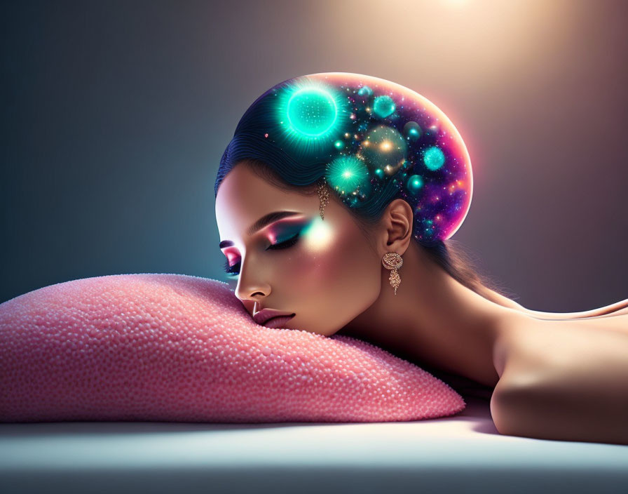 Digital Artwork: Woman with Galaxy Hairpiece Resting on Pink Cushion