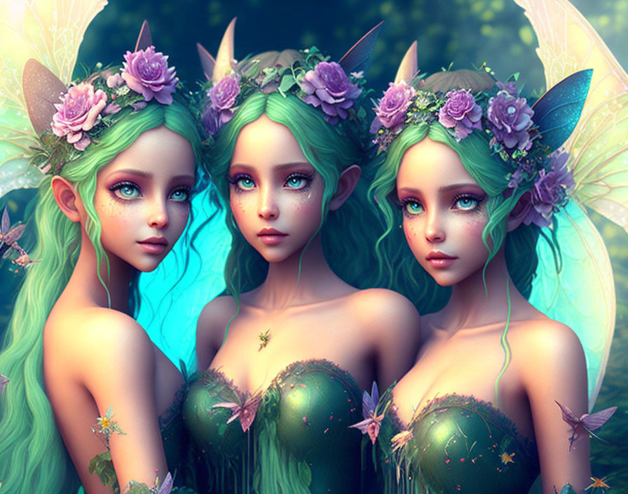 Three fantasy fairy figures with green hair, elfin ears, and floral crowns in forest setting