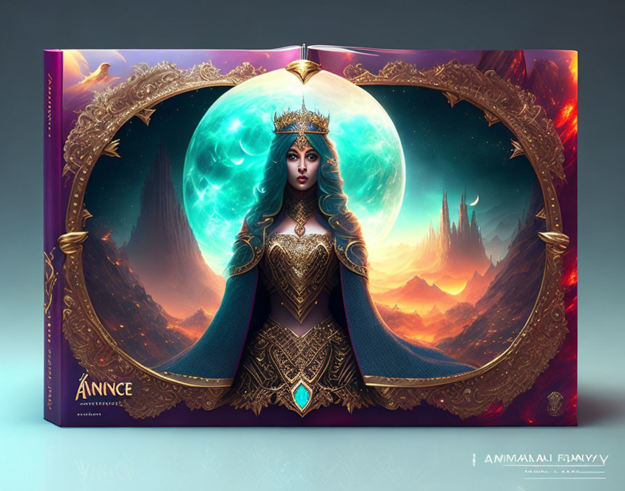 Regal queen with magical orb on fantasy book cover