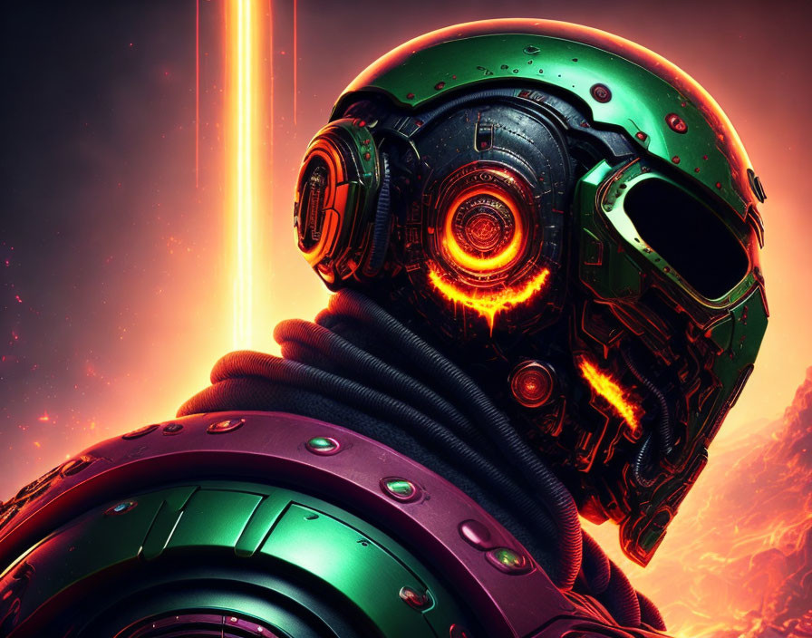 Detailed Sci-Fi Illustration: Armored Robotic Head with Glowing Red Eye on Ominous