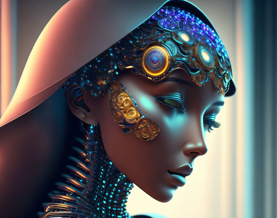 Futuristic female android with intricate metallic headwear and glowing embellishments