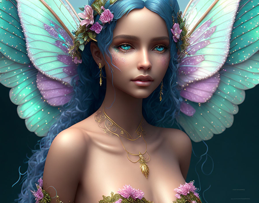 Fantasy digital artwork: Female figure with blue hair, butterfly wings, and floral adornments