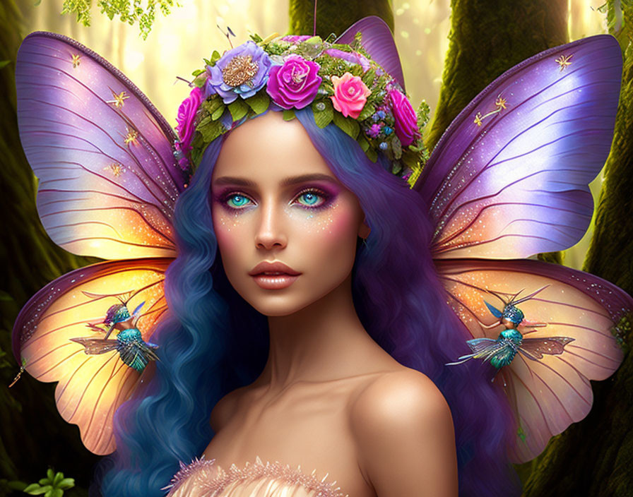 Fantasy illustration: Woman with purple butterfly wings and blue hair in enchanted forest