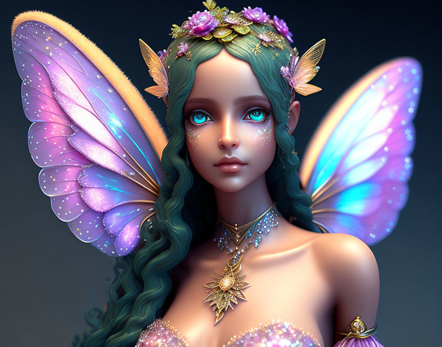 Digital artwork of a fairy with blue eyes, teal hair, iridescent wings, and floral decorations