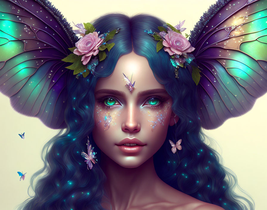 Fantasy illustration of woman with butterfly wing ears, surrounded by butterflies, vibrant blue hair.