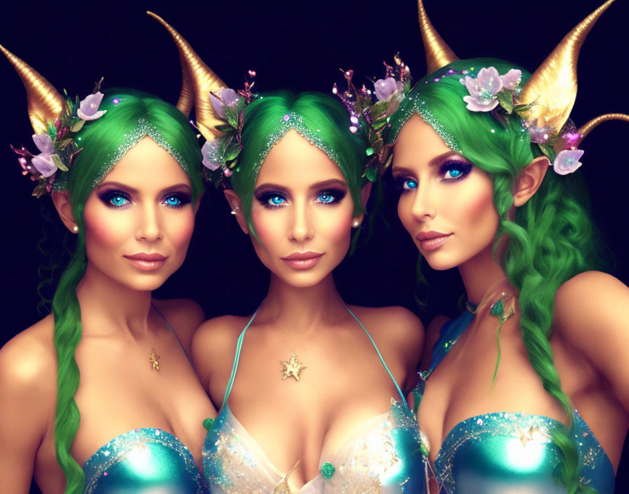 Three Green-Haired Fantasy Creatures with Horns and Floral Adornments