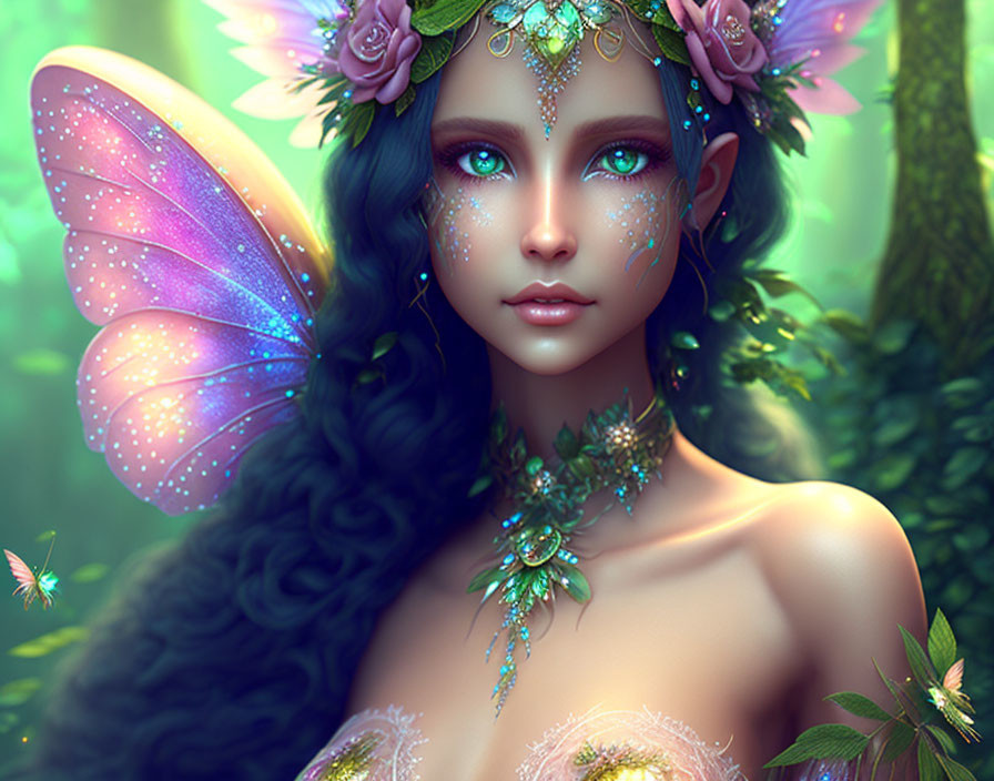 Fantastical female figure with butterfly wings in lush forest setting