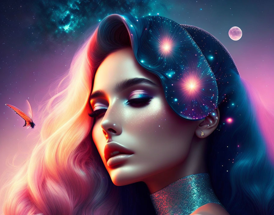 Portrait of woman with galaxy hair and butterfly in cosmic setting