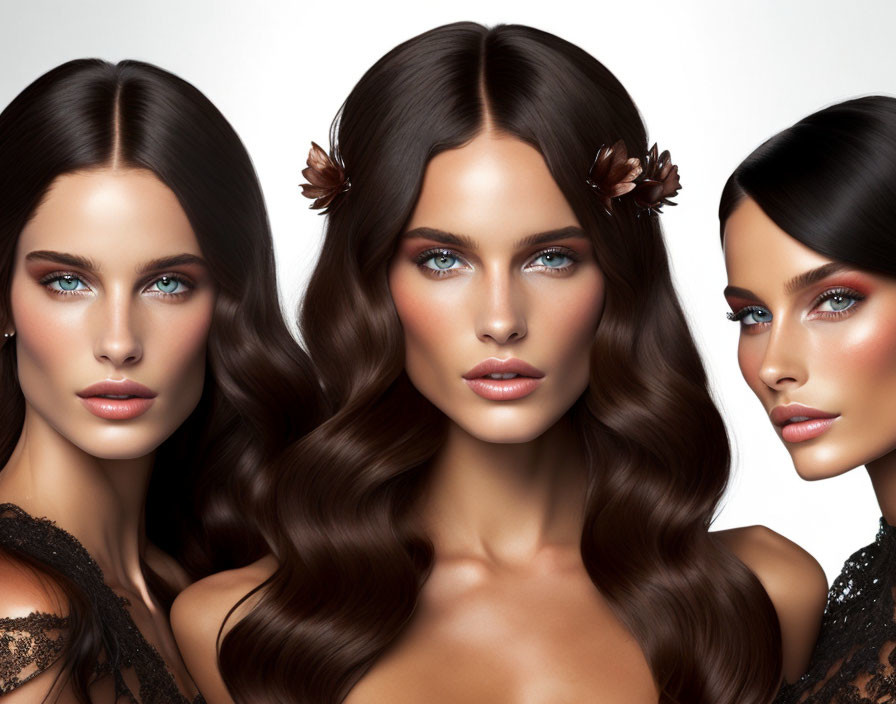 Three Women with Long Wavy Brown Hair and Blue Eyes in Elegant Makeup and Floral Hair Accessories