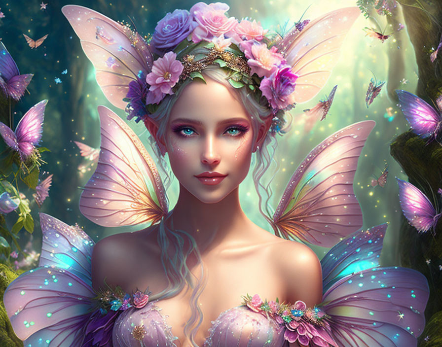 Fantasy illustration: Fairy with pink wings in magical forest.