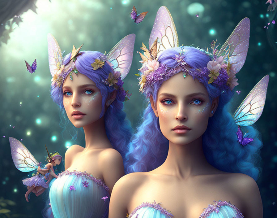 Ethereal female figures with blue hair in magical forest