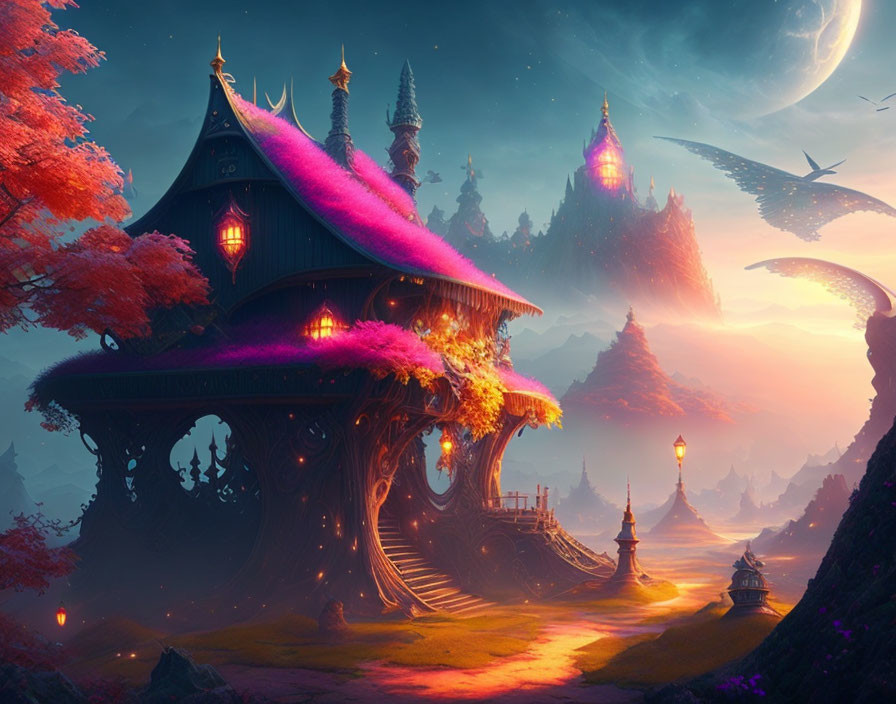 Majestic purple-roofed structure in vibrant fantasy landscape