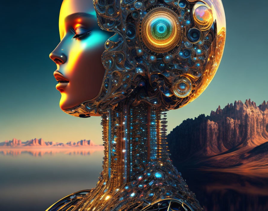 Detailed Female Robot Head in Futuristic Desert Landscape