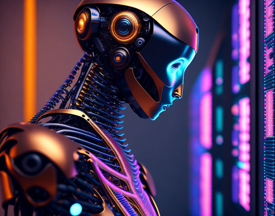 Intricate humanoid robot with mechanical details in neon-lit setting