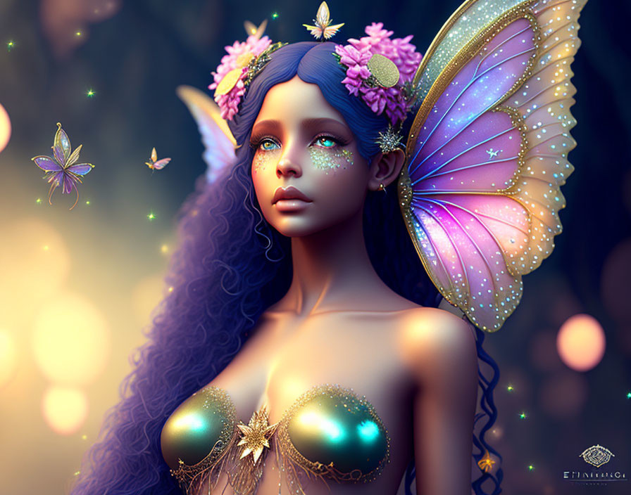 Illustration of fairy with purple hair, butterfly wings, flowers, and glowing orbs