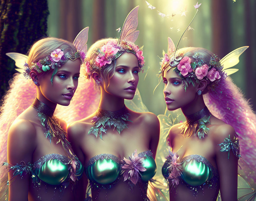 Ethereal female figures with fairy wings in mystical forest.