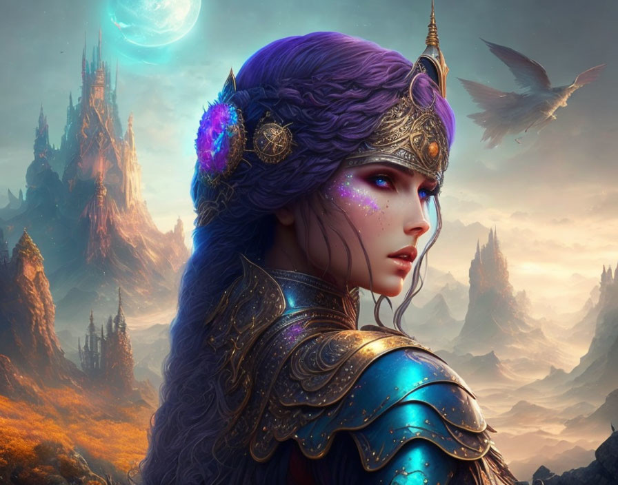 Fantasy female warrior with purple hair in ornate armor at castle with moon and birds.