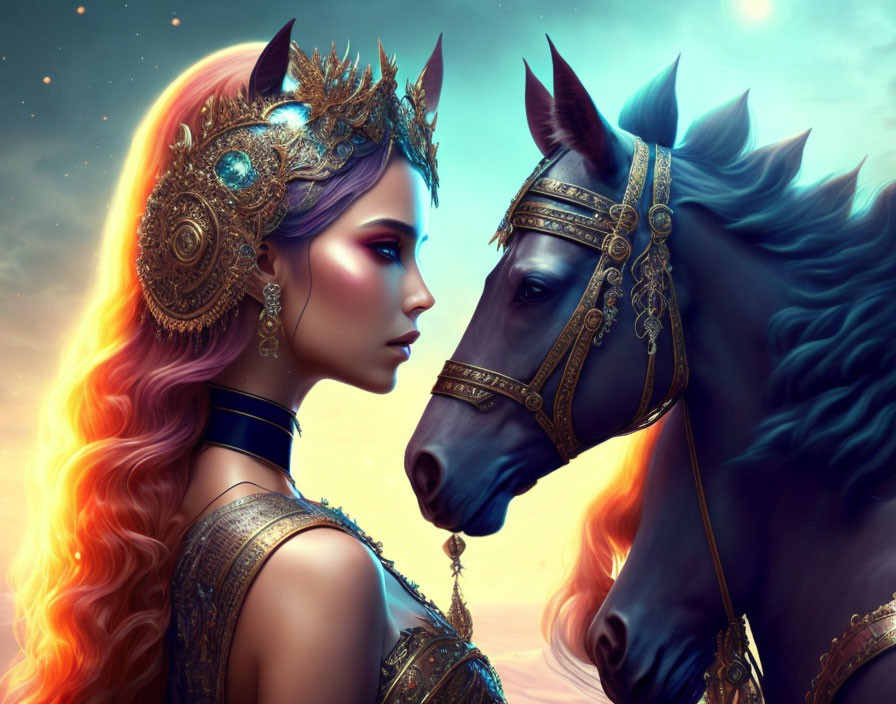 Fantasy illustration: Woman with fiery hair and crown, gazes at majestic horse under vibrant sky