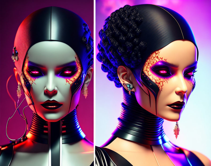 Stylized portraits of woman with futuristic makeup and attire, red glowing eyes.