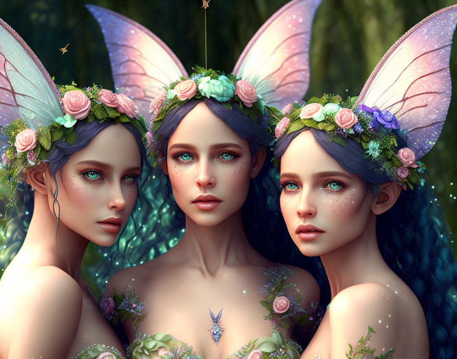 Ethereal women with fairy wings in forest setting