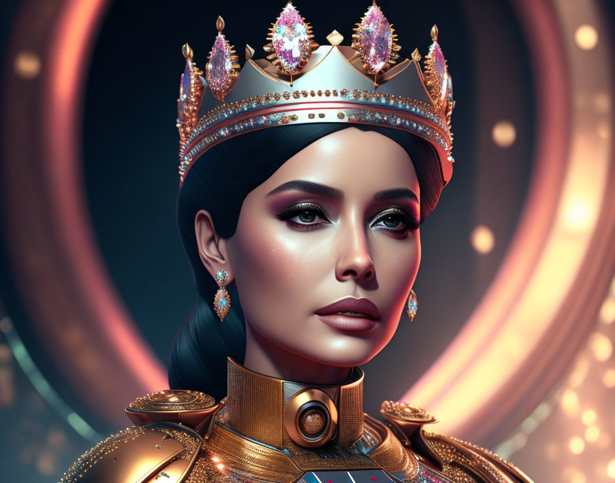 Futuristic digital artwork of a woman with glowing gemstone crown and armor