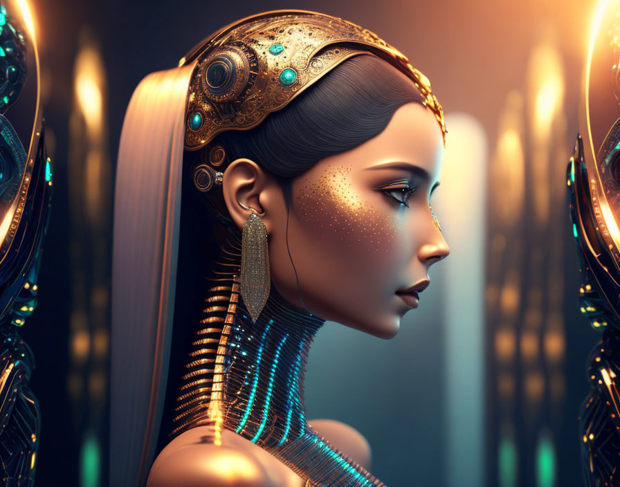 Futuristic digital art portrait with golden jewelry on warm background