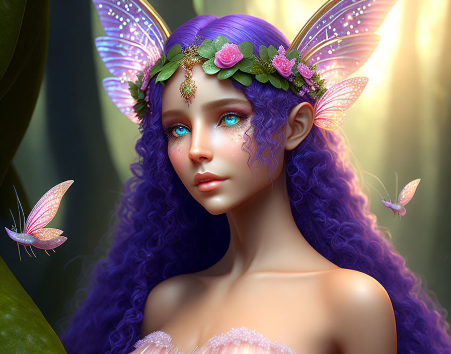 Fantasy portrait: Woman with purple hair and butterfly wings in magical forest