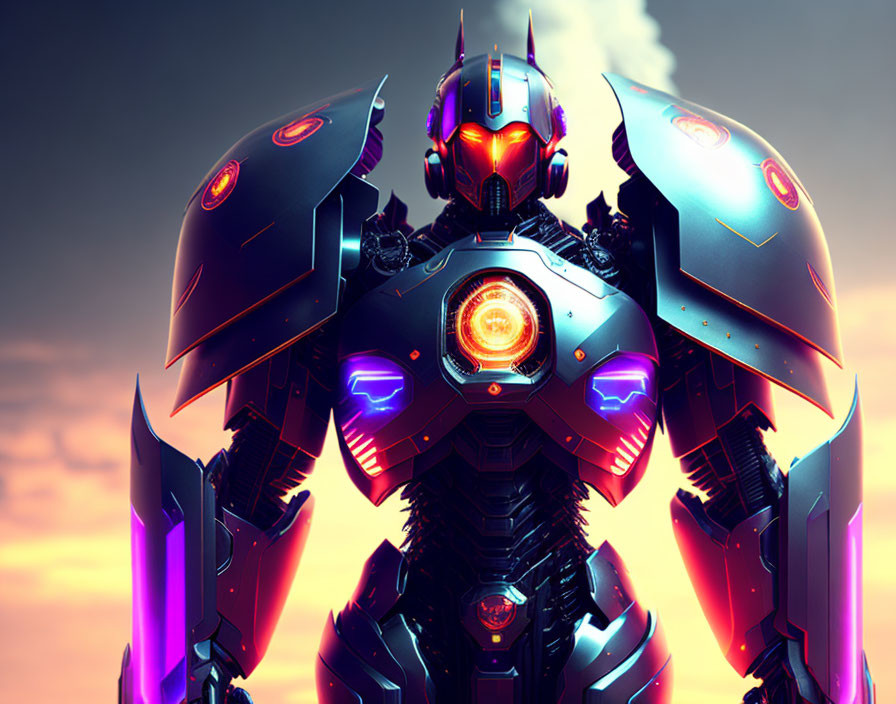 Sleek robot with glowing lights and detailed armor against dusk sky