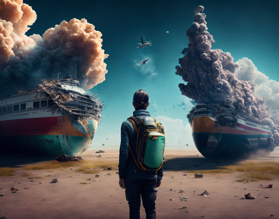 Backpacker in front of colliding ships and helicopter in dramatic sky