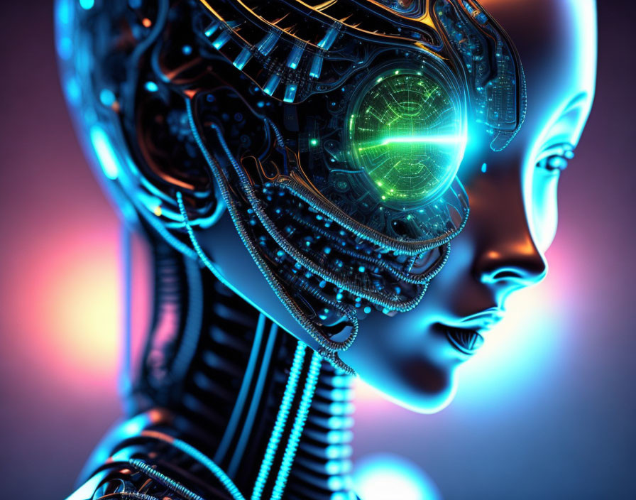 Female android with cybernetic components and green eyes on blue backdrop