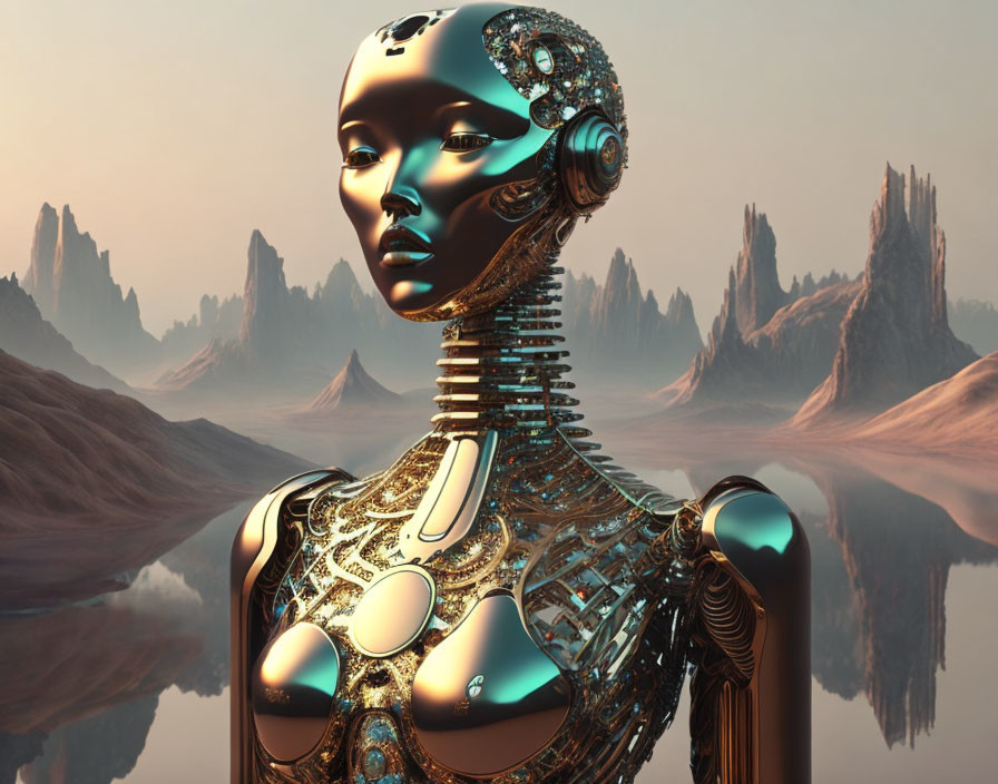 Intricate robotic humanoid in desert landscape