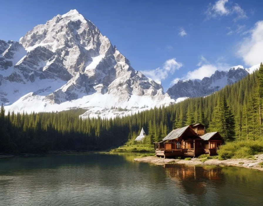 Tranquil mountain cabin by lake, forest, snow-capped peaks