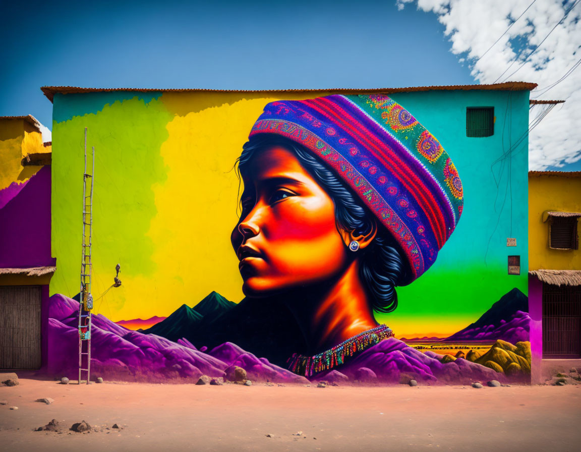 Colorful street art featuring woman in traditional attire with mountain backdrop.