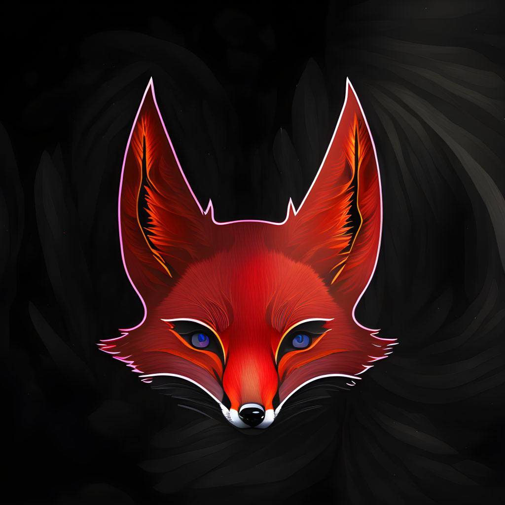 Vibrant red fox face with blue eyes on dark background