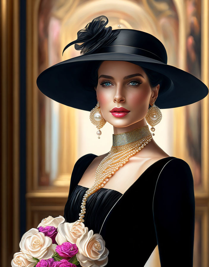 Stylish woman in black dress and hat with pearls, holding roses among classic paintings.