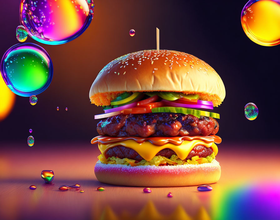 Double Cheeseburger with Lettuce, Tomato, Onions, and Soap Bubbles on Colorful