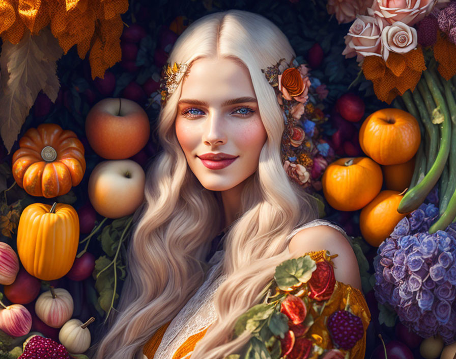 Blond woman with autumn leaves and harvest theme.