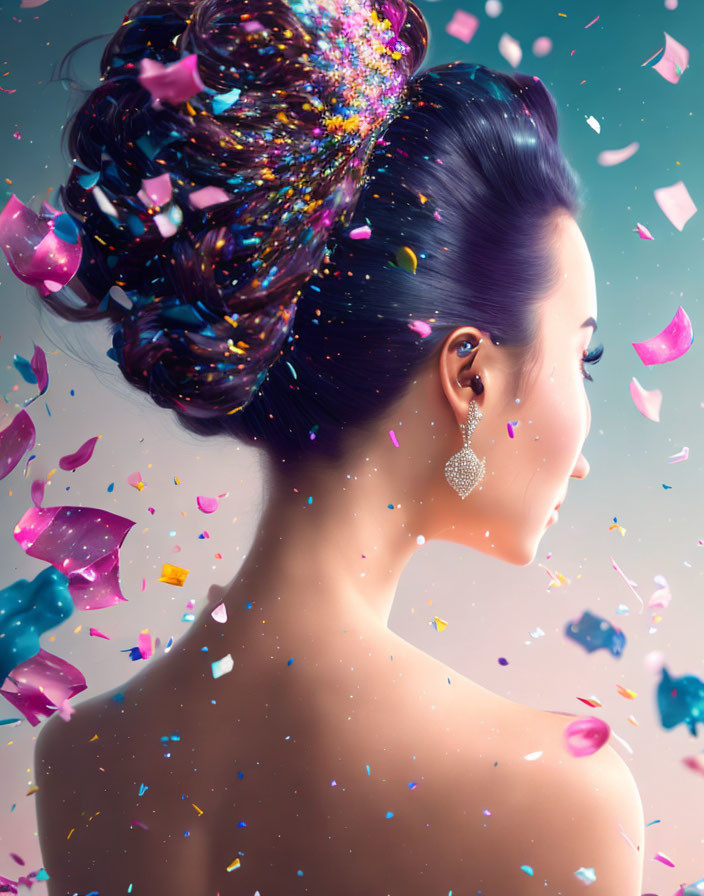 Woman with Elaborate Exploding Hairstyle and Colorful Confetti Portrait