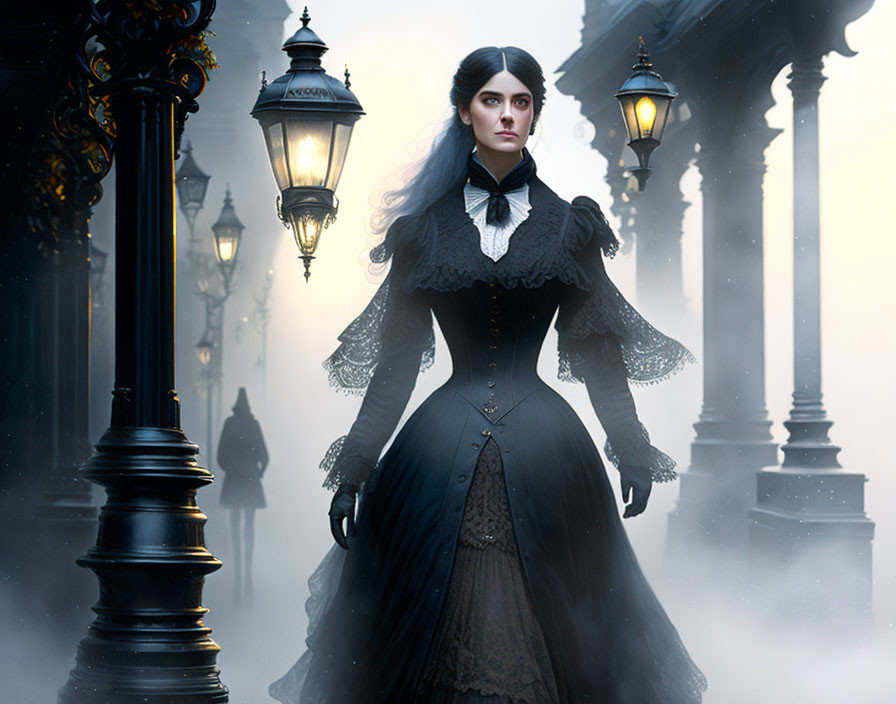 Victorian woman in foggy, gothic setting with lamp posts