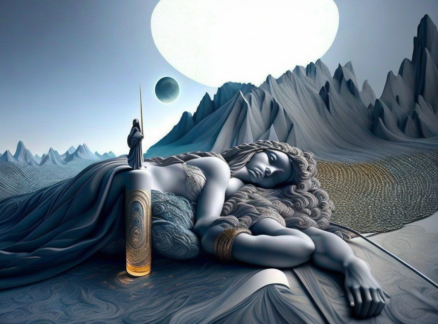 Surreal artwork: woman reclining on terrain blending into flowing hair, with celestial bodies and cat