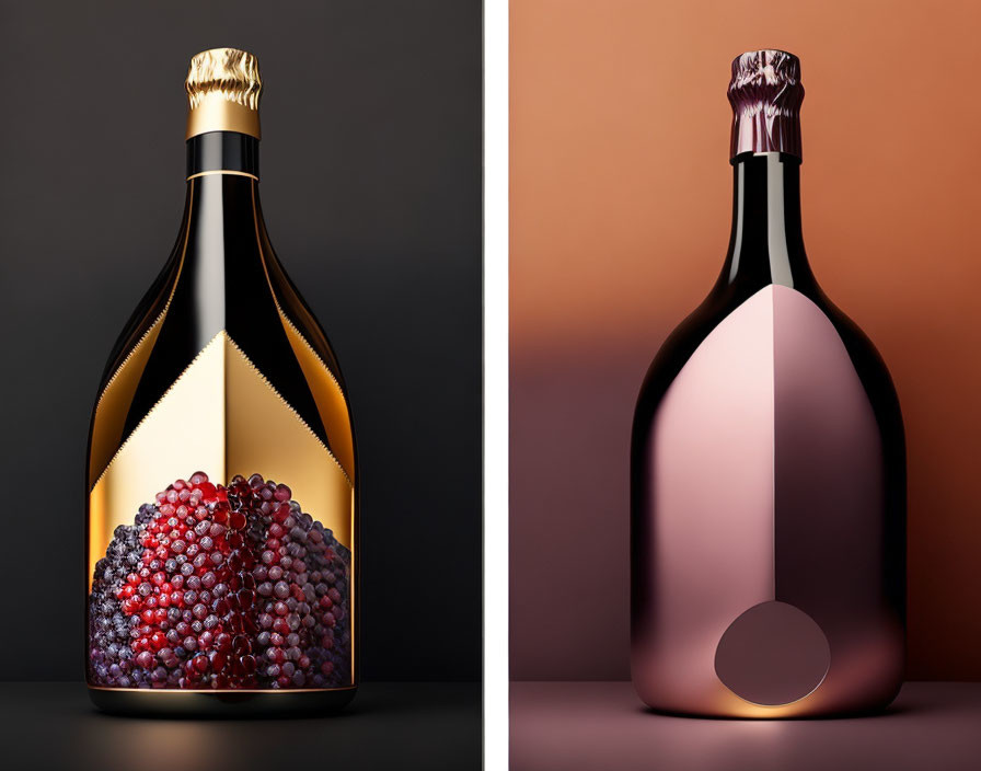 Stylized wine bottles with grapes and gradient hues on golden and pink backdrops