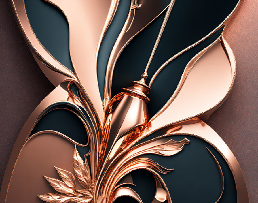 Stylized Metallic Flowers and Leaves in Rose Gold Design