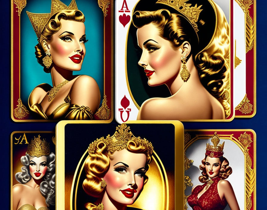 Stylized playing cards with glamorous women, vintage hairstyles, crowns, blue, gold, and