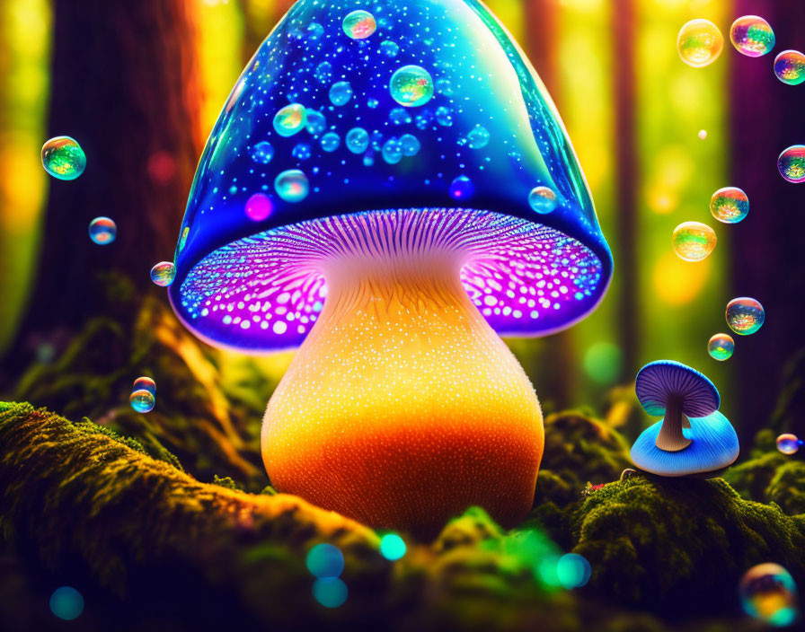 Colorful luminescent mushrooms in mossy forest with floating bubbles